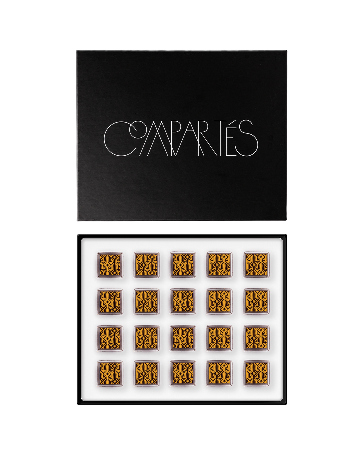 Compartes luxury champagne chocolate truffles in a black gift box, squares in deep gold swirl patterns