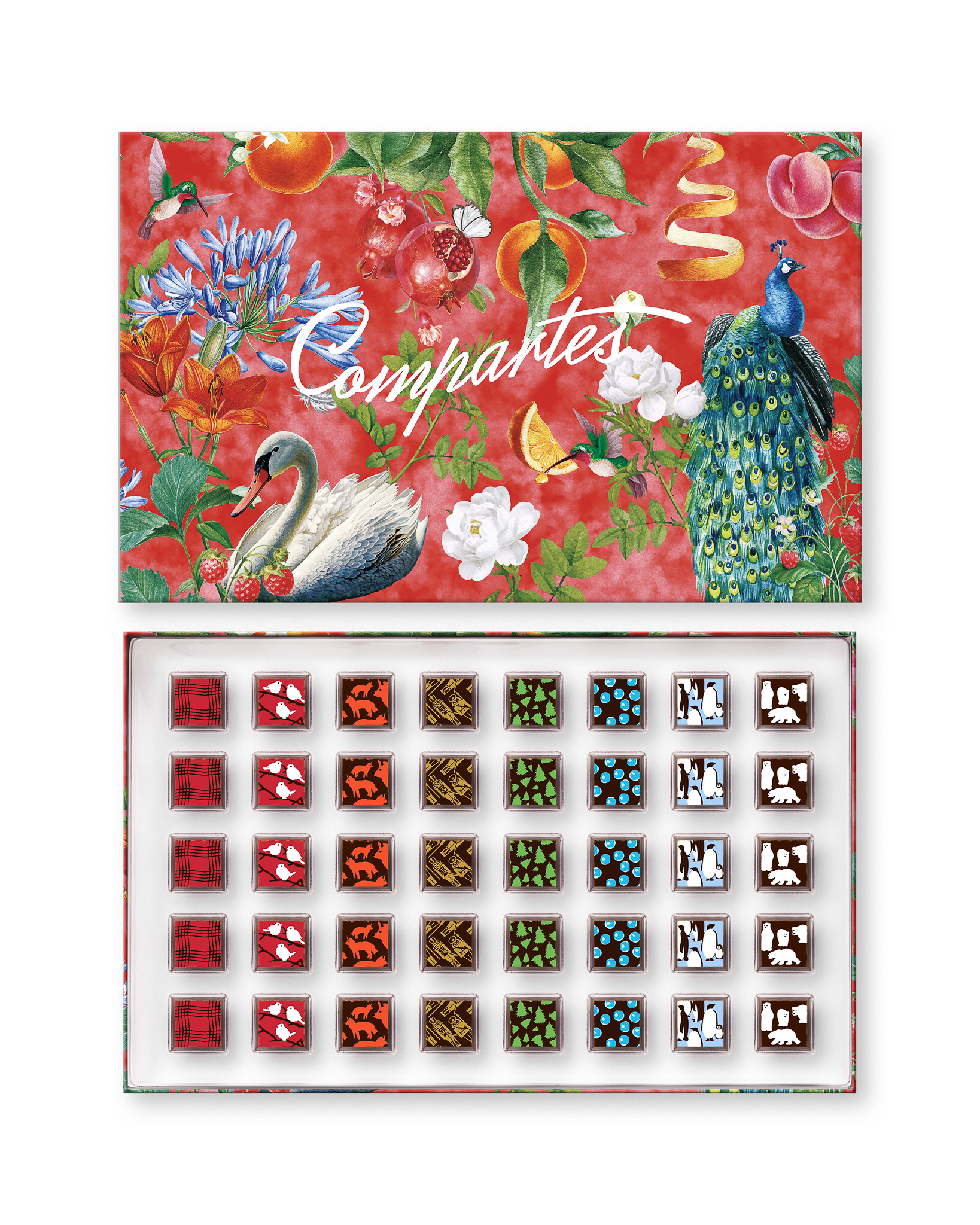Compartes luxury chocolate gift box, red lid with a swan and peacock, designer patterned chocolates inside