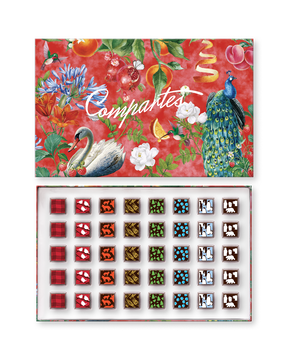 Compartes luxury chocolate gift box, red lid with a swan and peacock, designer patterned chocolates inside