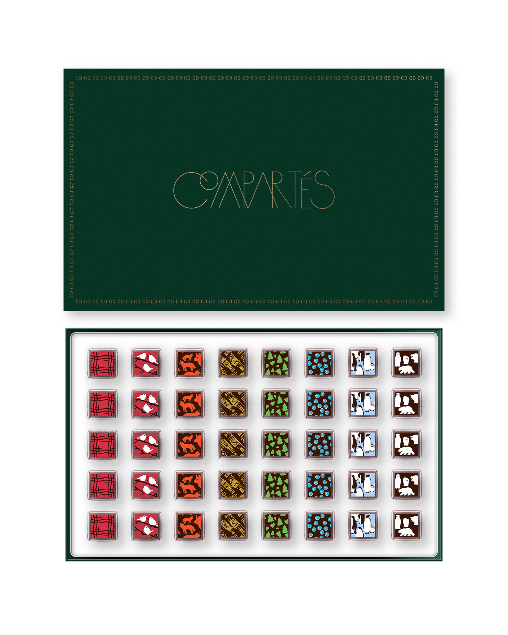 Compartes Christmas chocolates in a luxury deep green limited edition gift box, squares with plaid and animal motifs