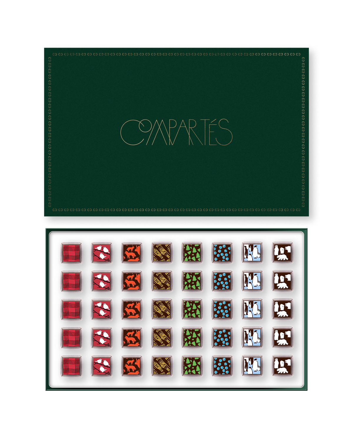 Compartes Christmas chocolates in a luxury deep green limited edition gift box, squares with plaid and animal motifs