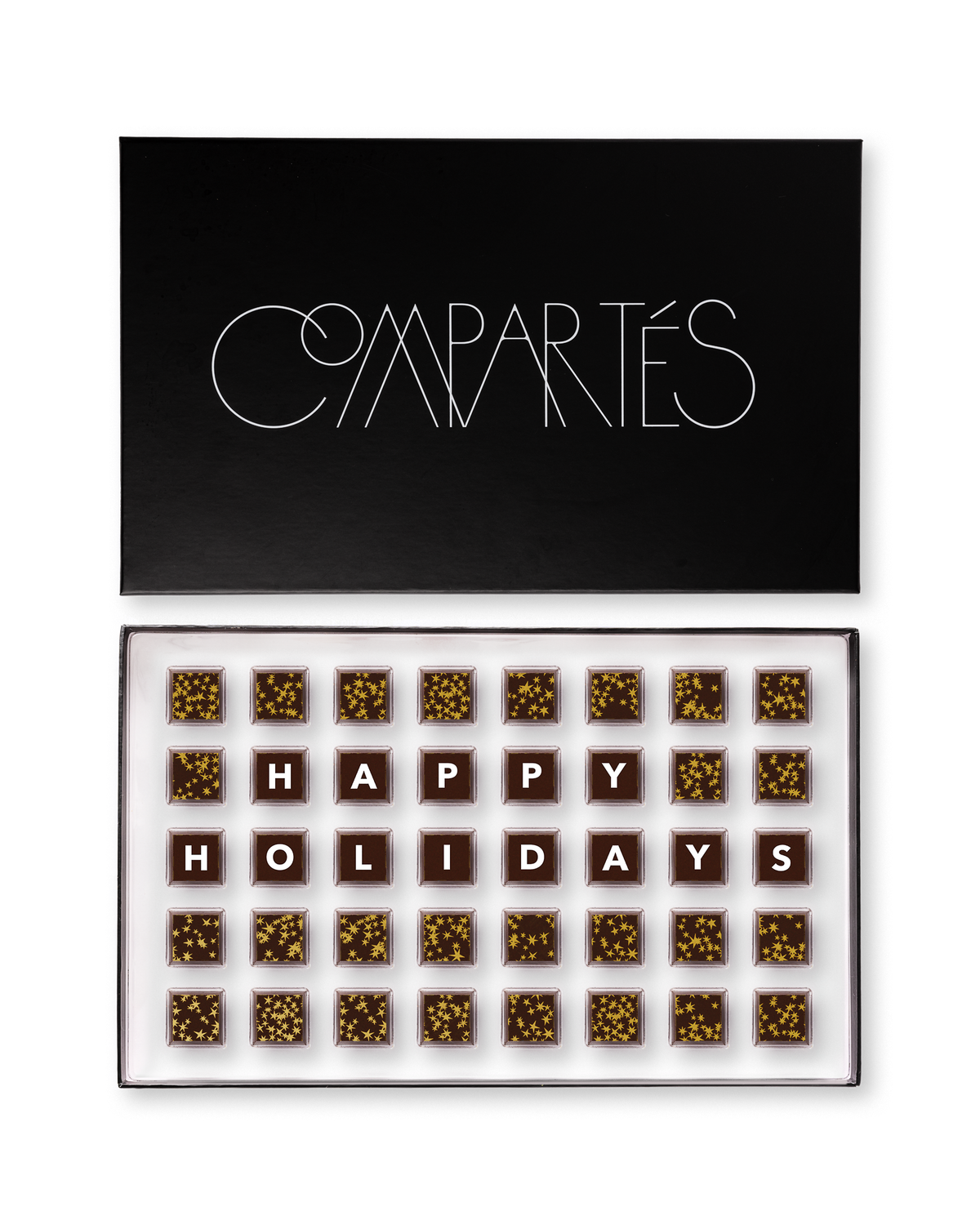 Compartes best Christmas chocolate gift box, dark squares spelling happy holidays among gold flecked pieces, salted caramel