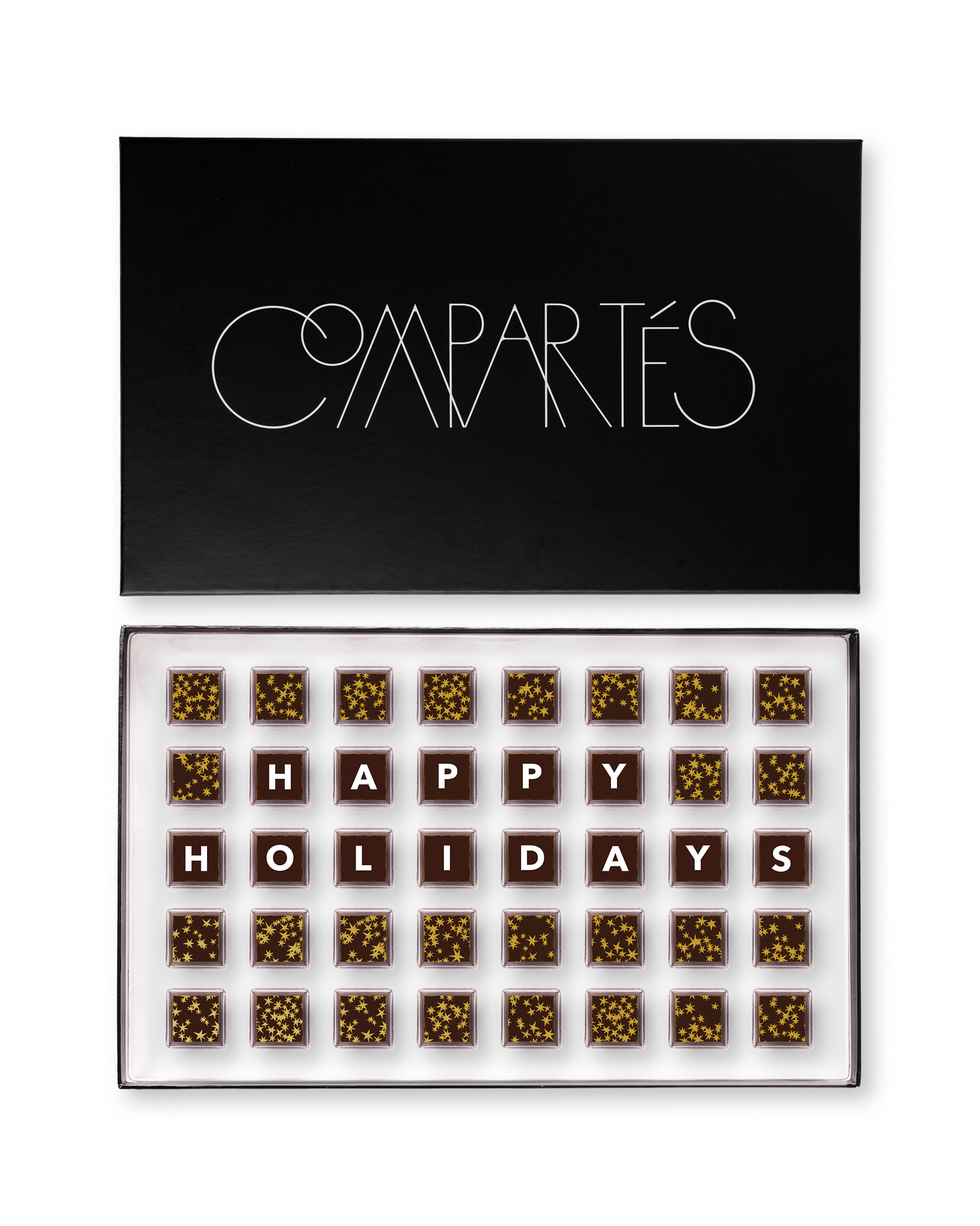 Compartes best Christmas chocolate gift box, dark squares spelling happy holidays among gold flecked pieces, salted caramel