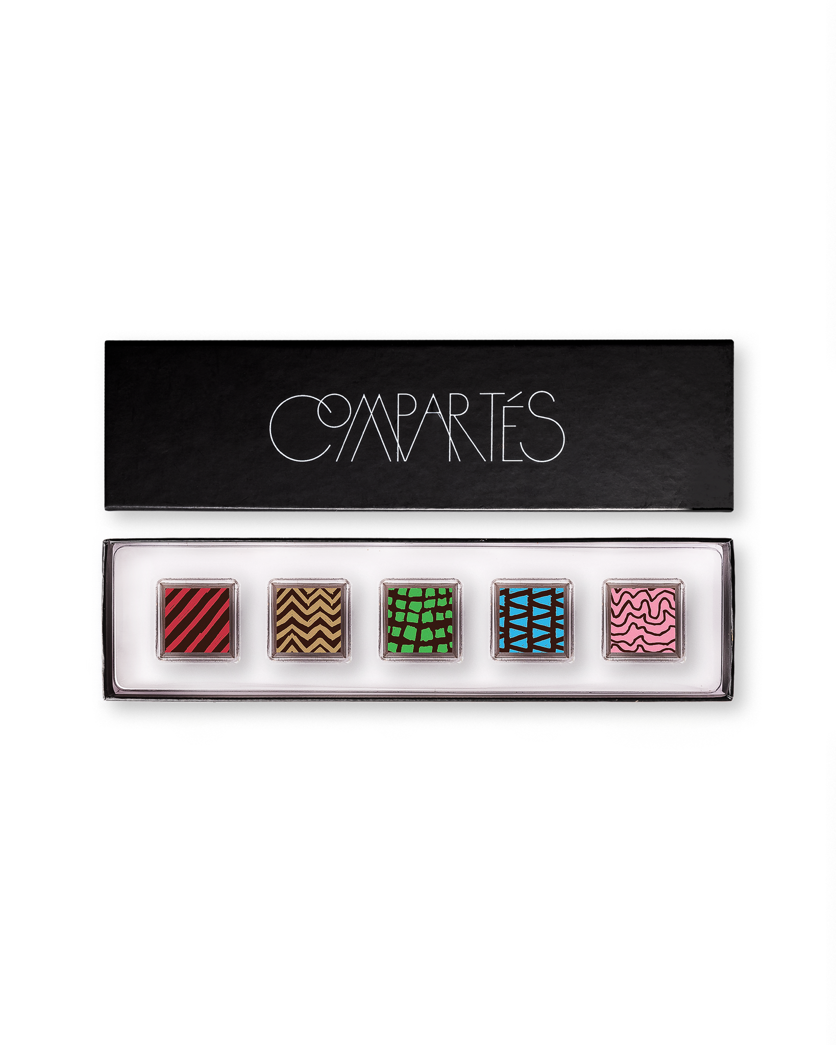 Compartes gourmet small chocolate truffles gift box, squares in rich red, green and pink patterns