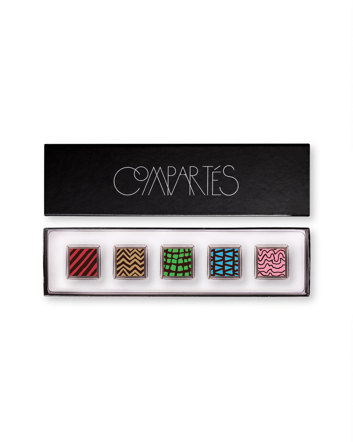 Compartes gourmet small chocolate truffles gift box, squares in rich red, green and pink patterns