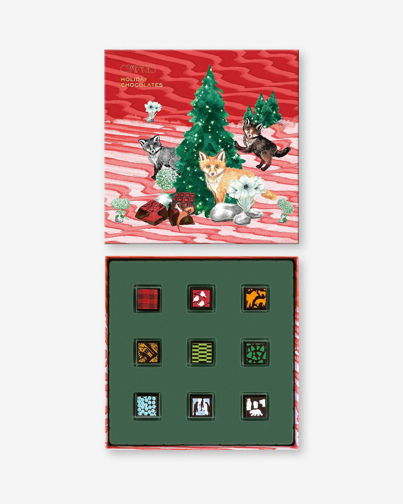 Compartés' chocolate Christmas candy gift box, showing the contents and top cover of the box