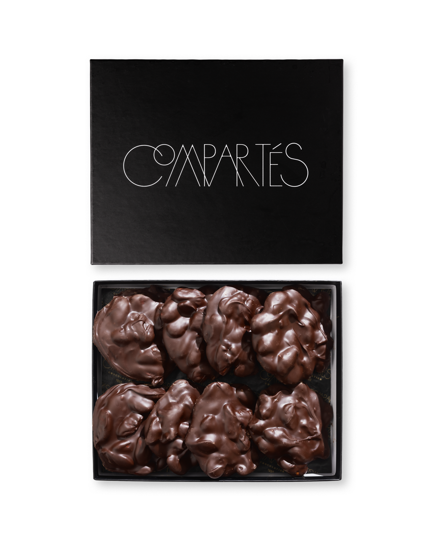 Compartes luxury almond bark chocolate gift box, dark chocolate almond clusters in a black box