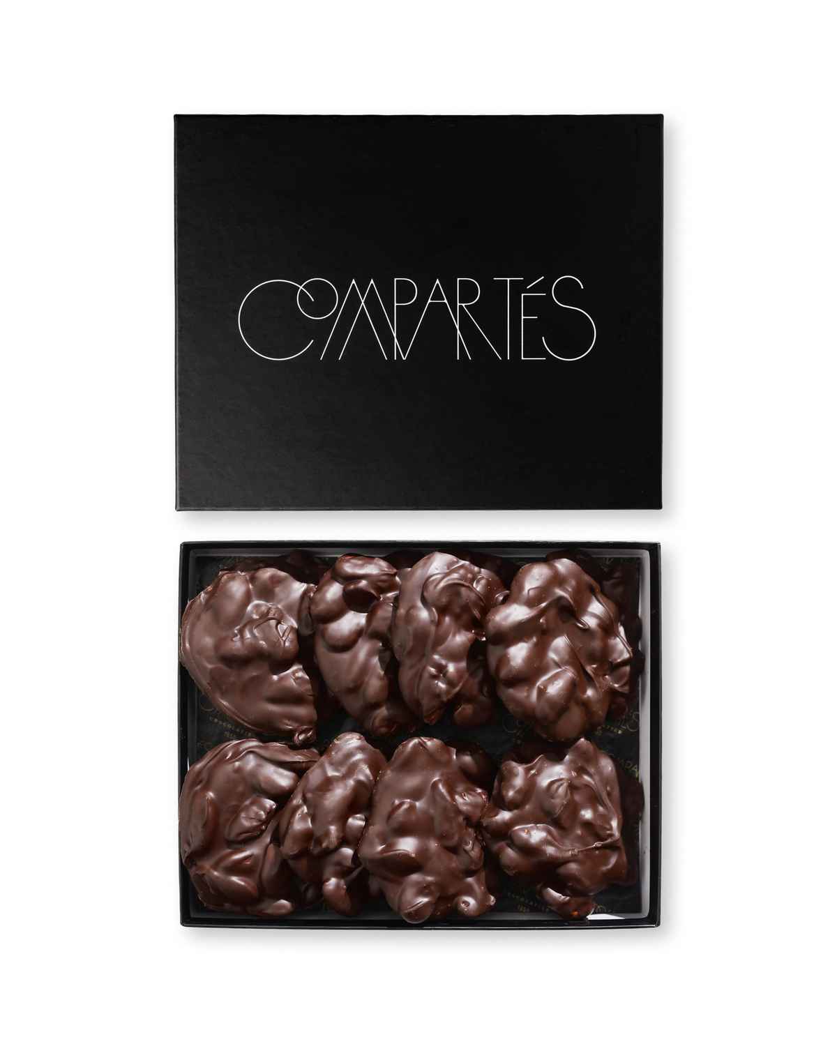 Compartes luxury almond bark chocolate gift box, dark chocolate almond clusters in a black box