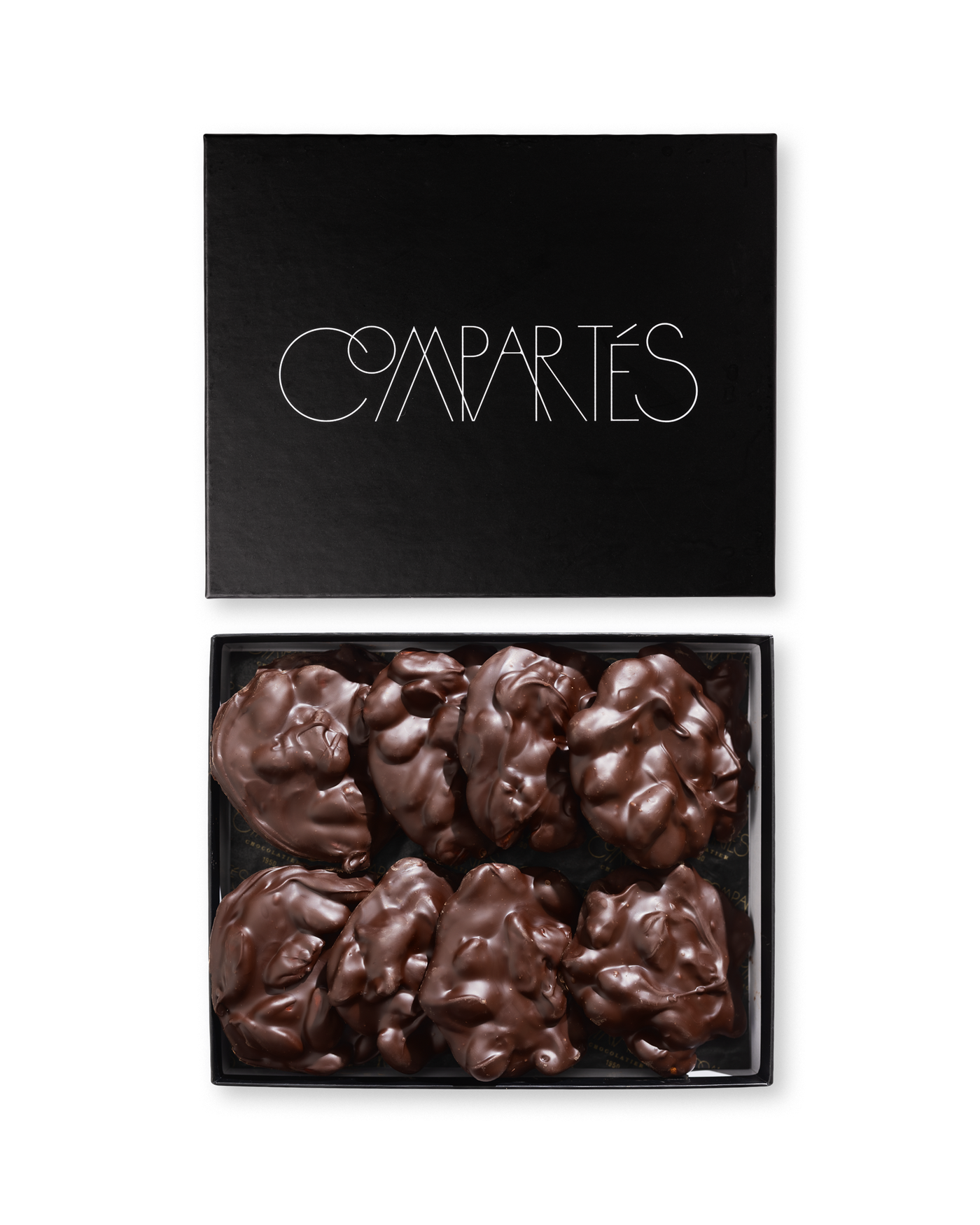 Compartes luxury almond bark chocolate gift box, dark chocolate almond clusters in a black box