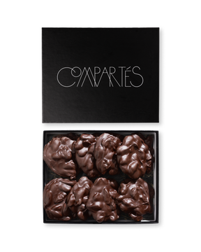 Compartes luxury almond bark chocolate gift box, dark chocolate almond clusters in a black box