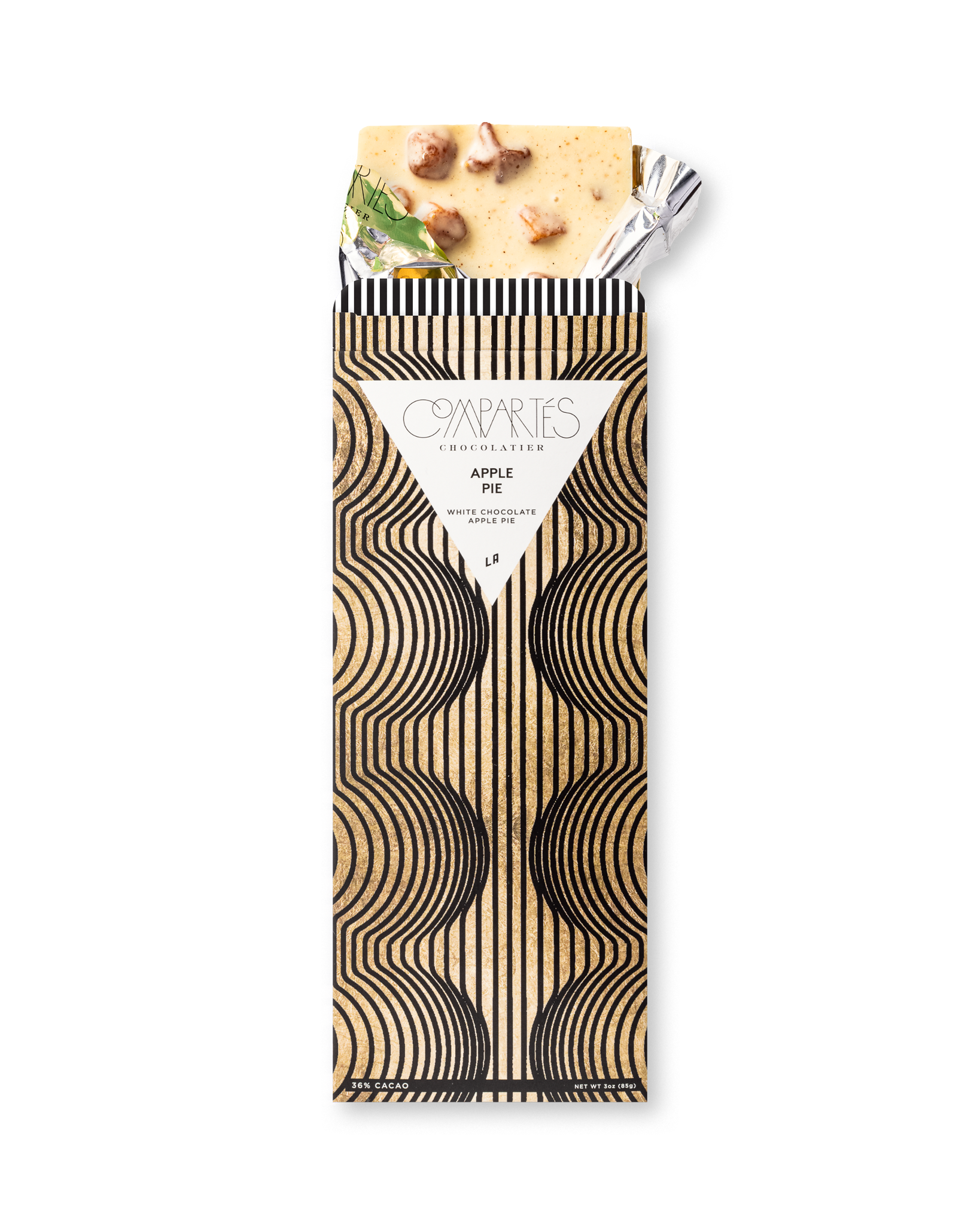 Compartes apple pie gourmet chocolate gift bar, black and gold arch wrapper, white chocolate with apple, cinnamon streusel