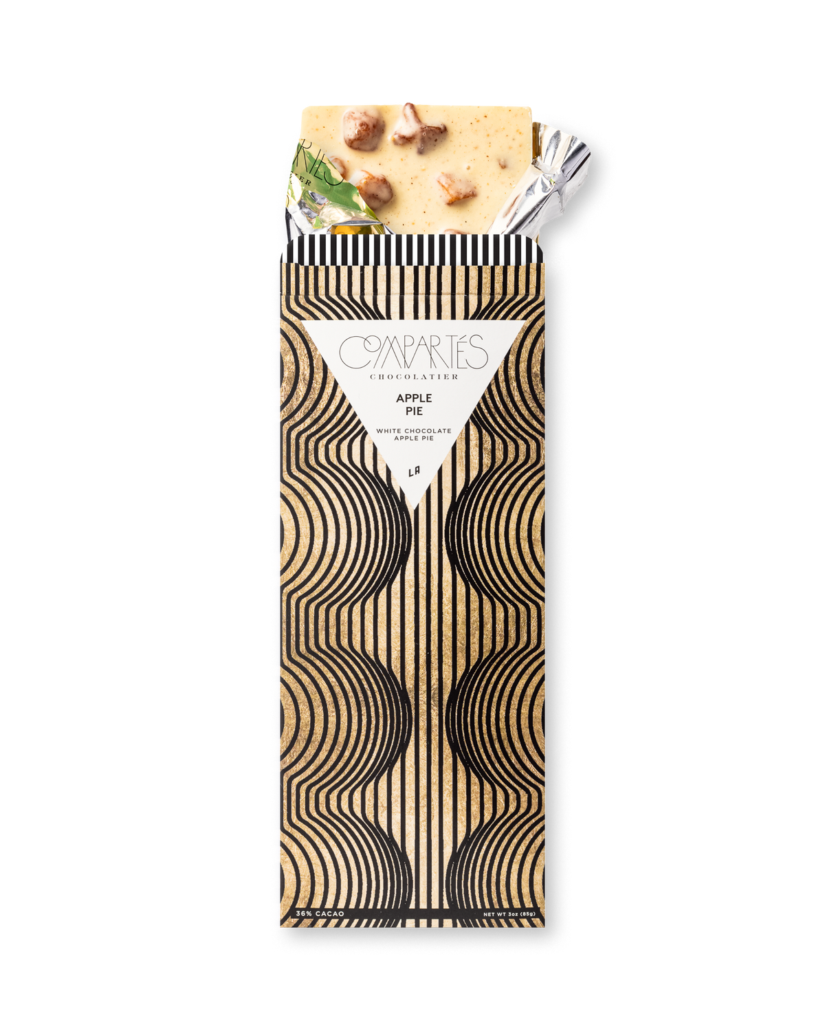 Compartes apple pie gourmet chocolate gift bar, black and gold arch wrapper, white chocolate with apple, cinnamon streusel