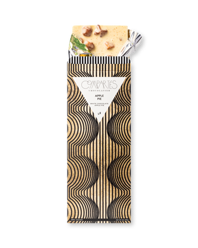 Compartes apple pie gourmet chocolate gift bar, black and gold arch wrapper, white chocolate with apple, cinnamon streusel