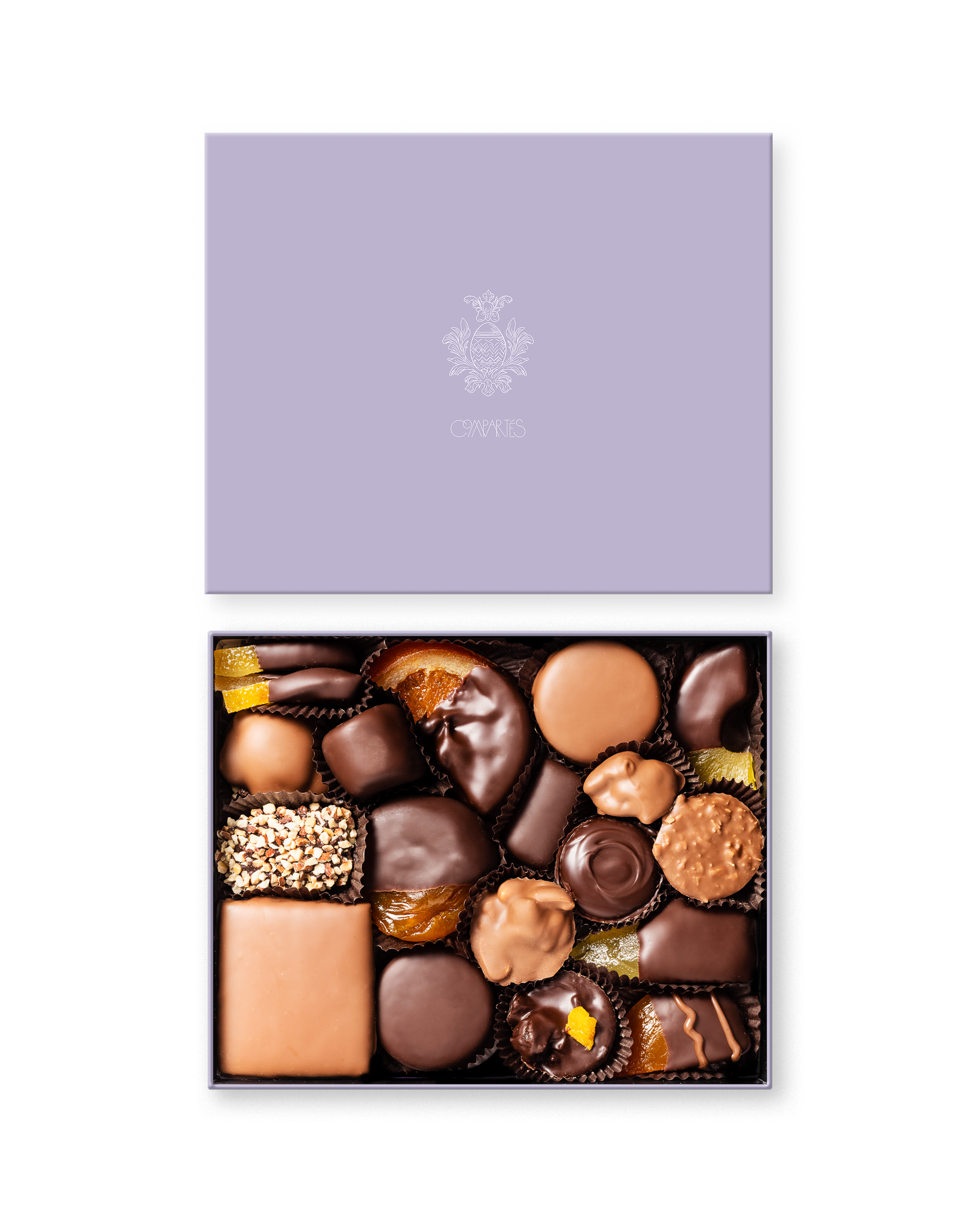 Compartes best Easter chocolates gift box, dark and milk chocolates under a lavender lid