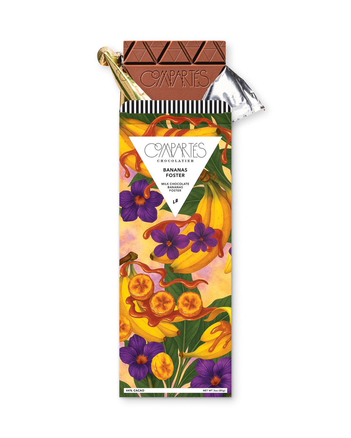 Bananas foster gourmet milk chocolate bar with designer packaging.