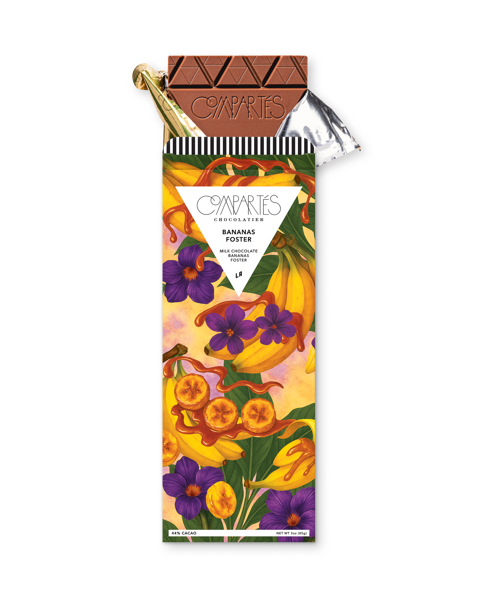 Bananas foster gourmet milk chocolate bar with designer packaging.