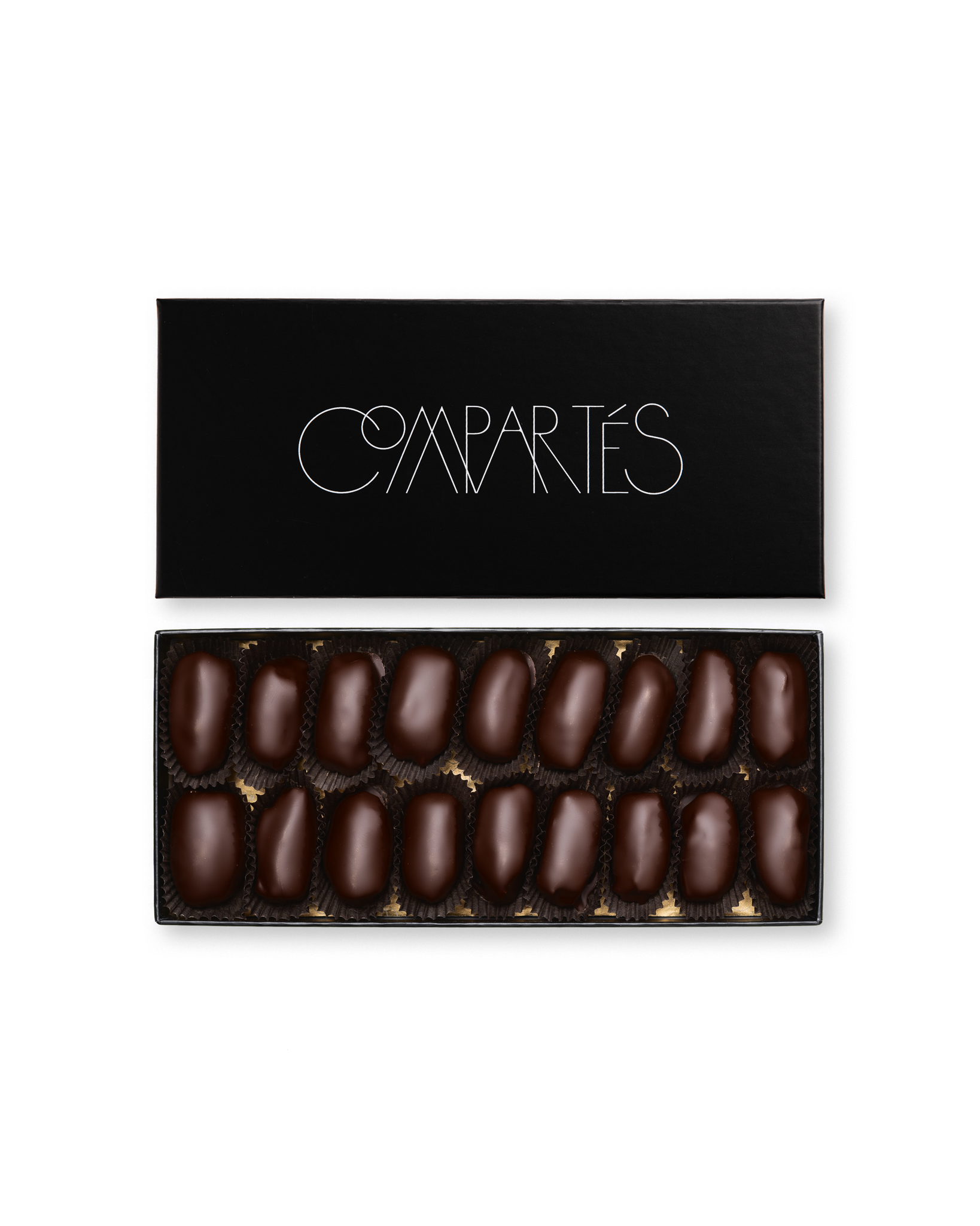 Compartes best chocolate covered dates in a long black gift box, dark chocolate finish