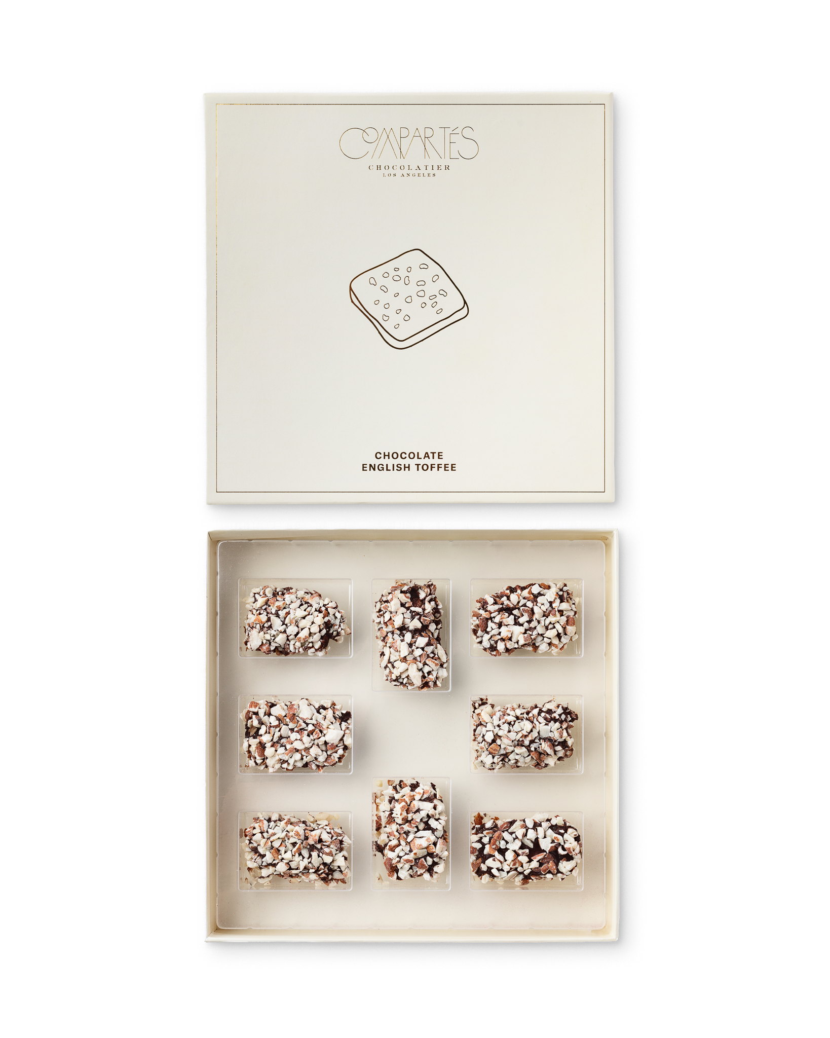 Compartes best chocolate covered english toffee gift box, almond topped toffee, cream and gold box