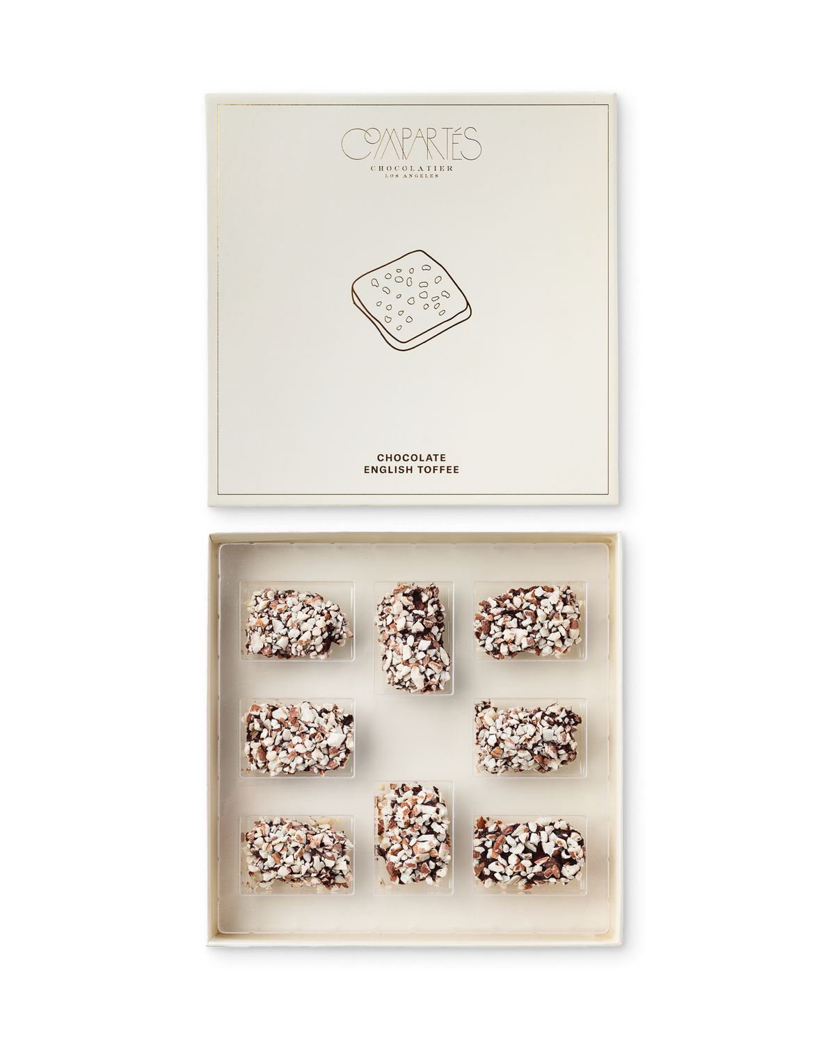 Compartes best chocolate covered english toffee gift box, almond topped toffee, cream and gold box
