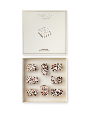 Compartes best chocolate covered english toffee gift box, almond topped toffee, cream and gold box