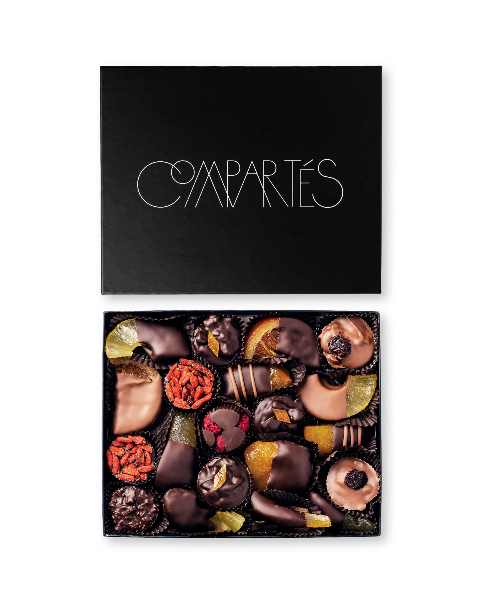 Compartes best chocolate covered fruits gift box, dipped orange, apricot and berries in a black box