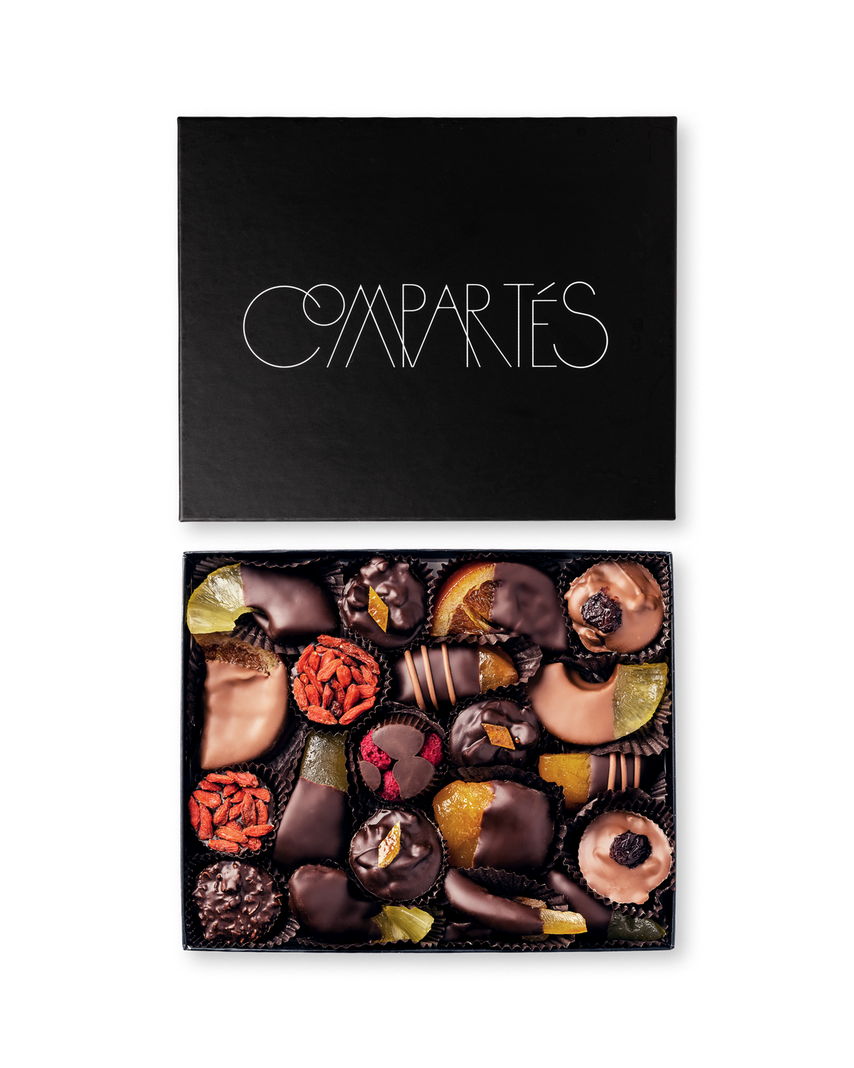 Compartes best chocolate covered fruits gift box, dipped orange, apricot and berries in a black box