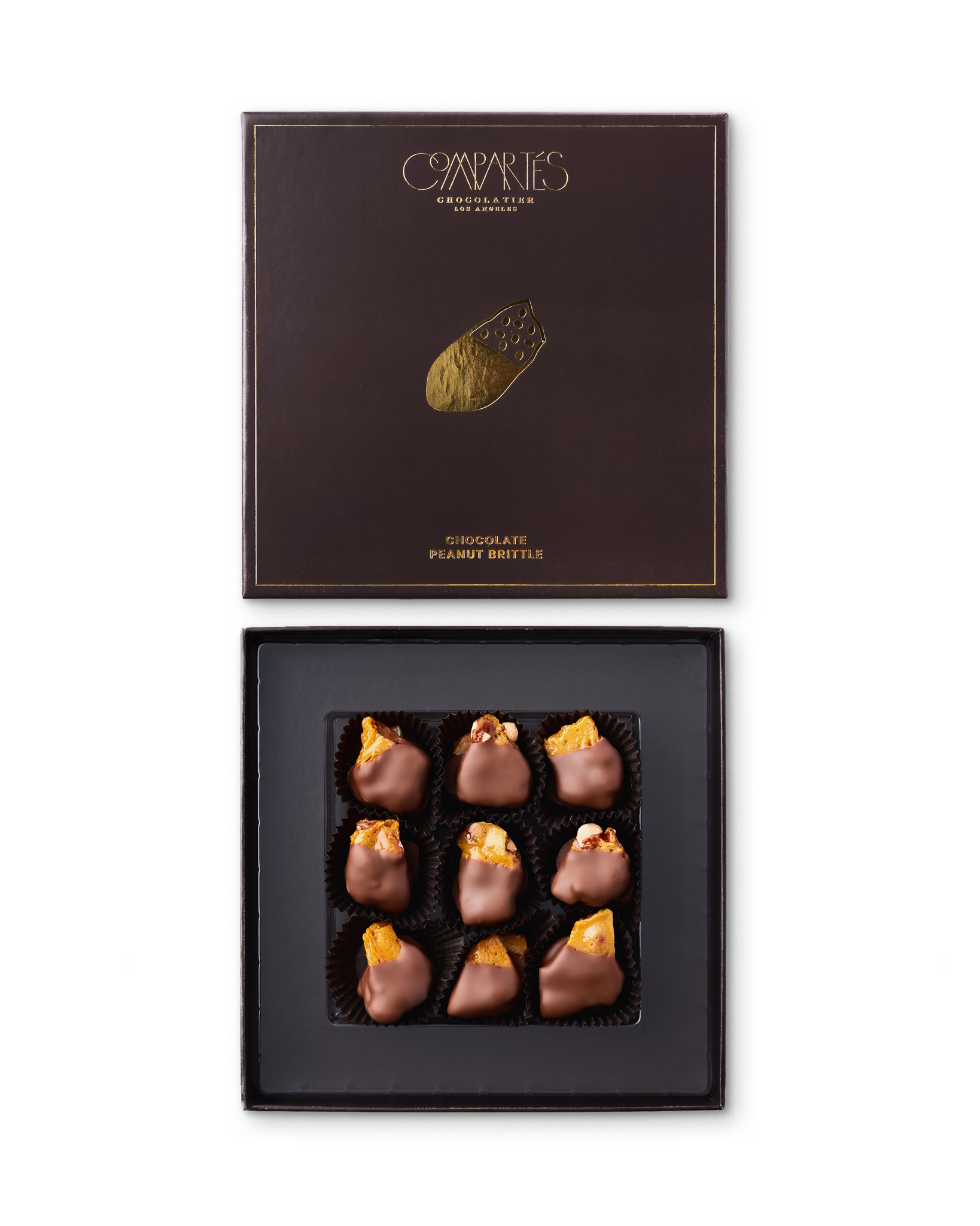 Compartes best chocolate covered peanut brittle gift box, gold brittle pieces, brown and gold box