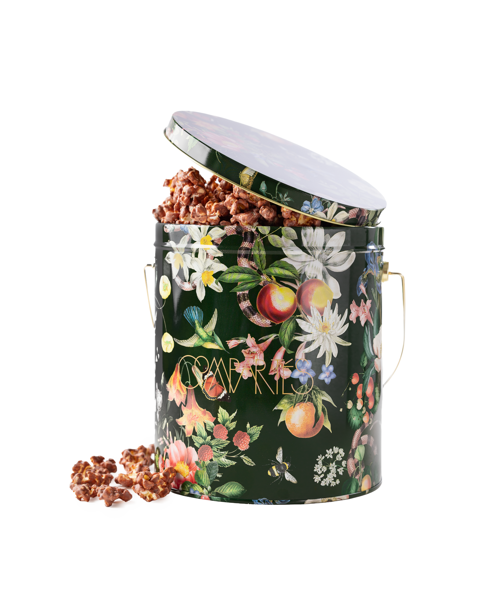 Compartes best chocolate covered popcorn gift, milk chocolate popcorn in a deep green botanical tin