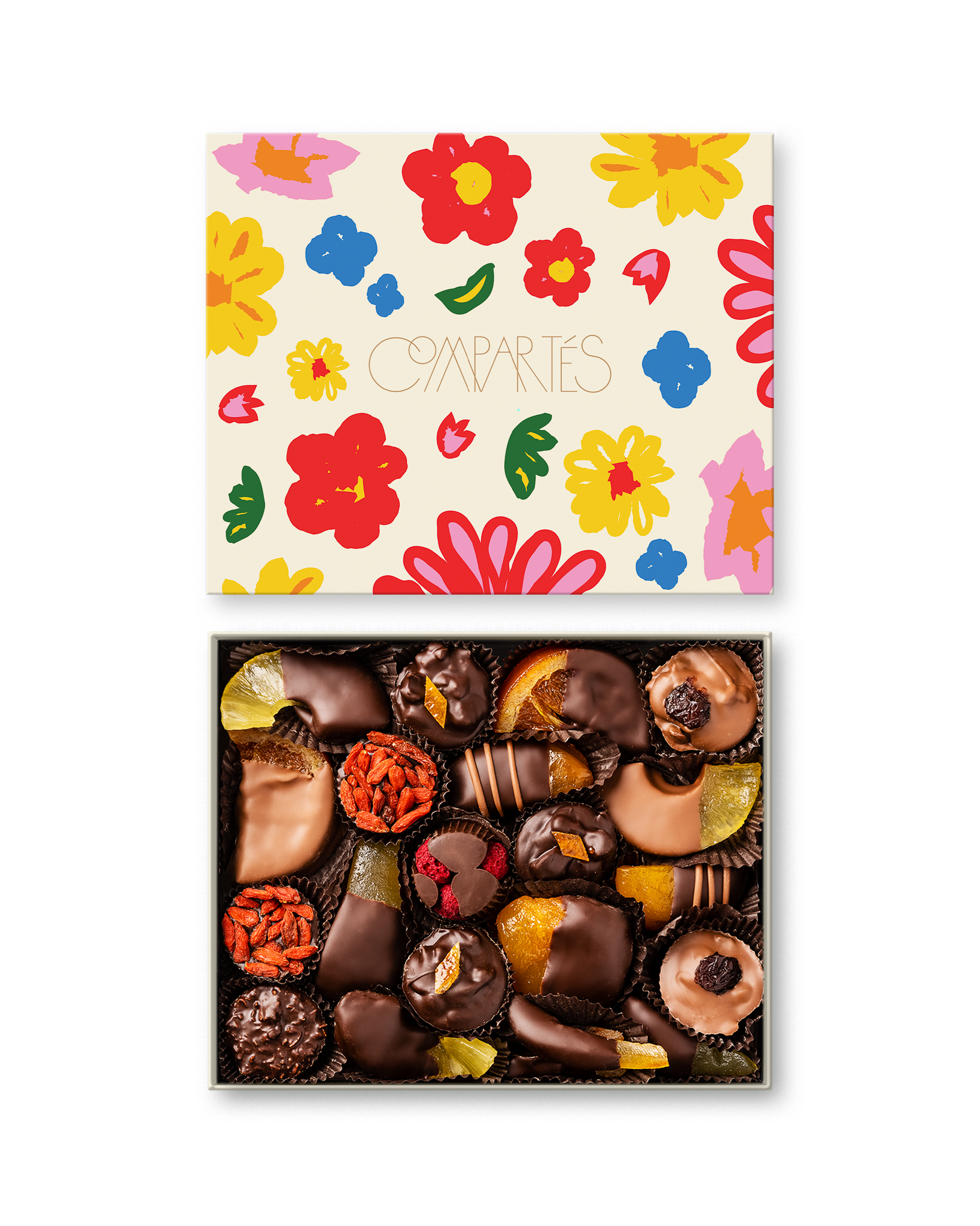 Compartes best chocolate dipped fruits gift box, milk and dark chocolate fruit under a cream floral lid