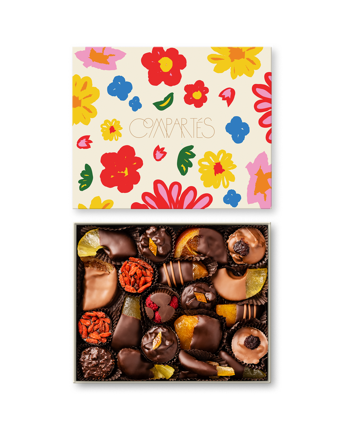 Compartes best chocolate dipped fruits gift box, milk and dark chocolate fruit under a cream floral lid