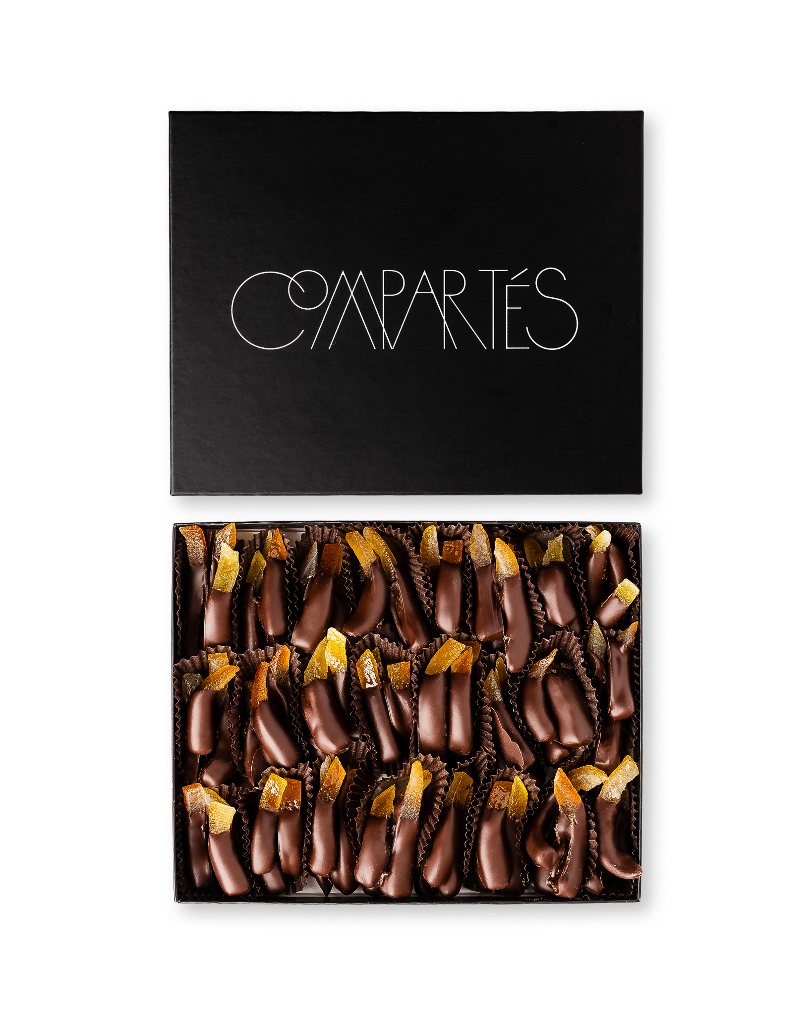 Compartes best chocolate gift box, dark chocolate dipped orange peels with candied peel in a black box