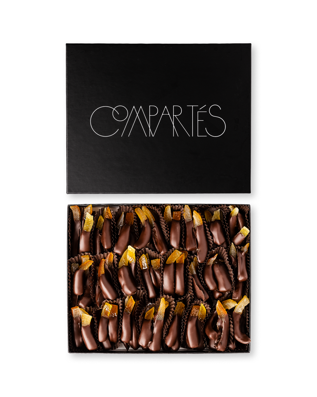 Compartes best chocolate gift box, dark chocolate dipped orange peels with candied peel in a black box