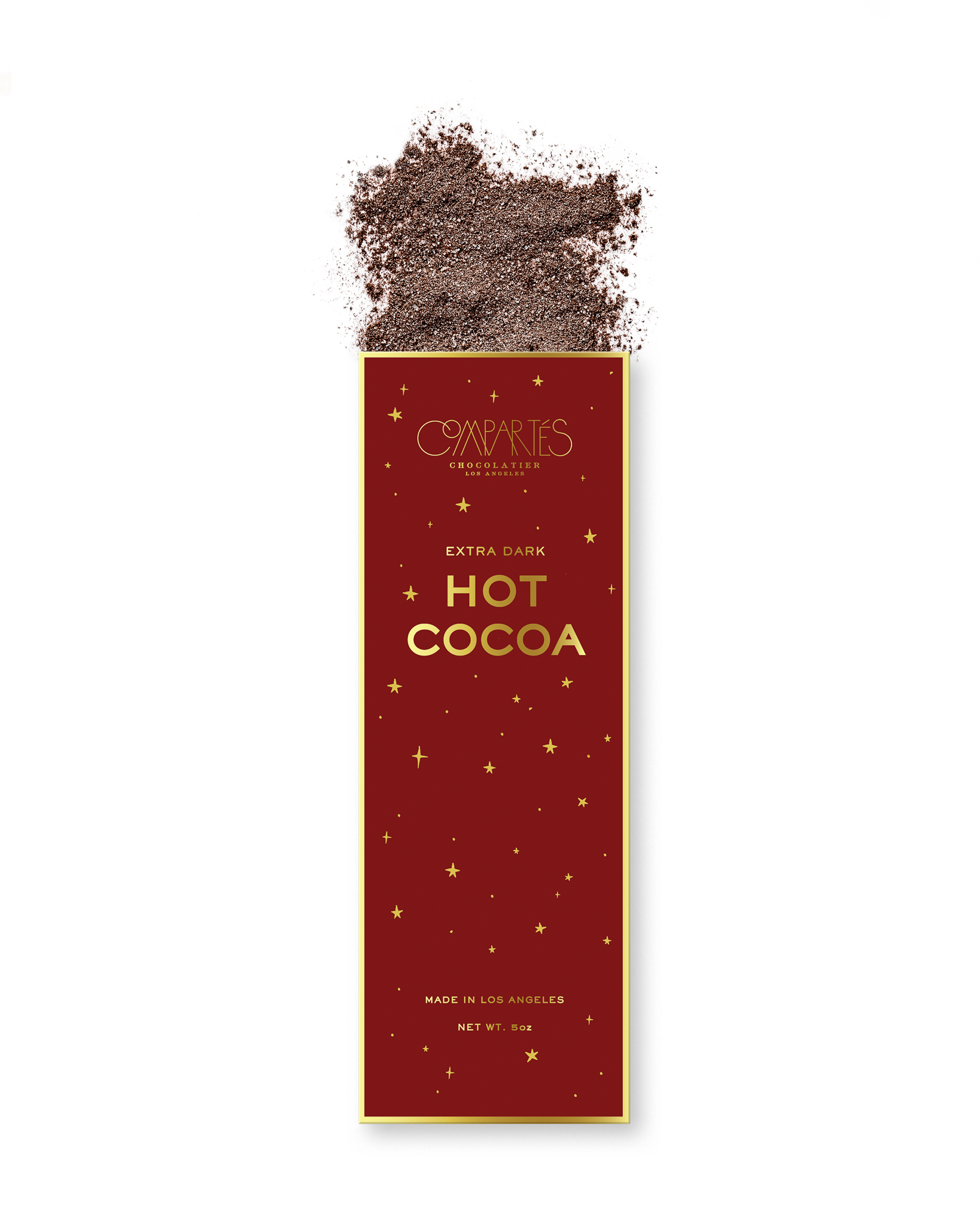 Compartes best extra dark hot cocoa mix, deep red and gold star box with cocoa powder, chocolate gift, black cocoa