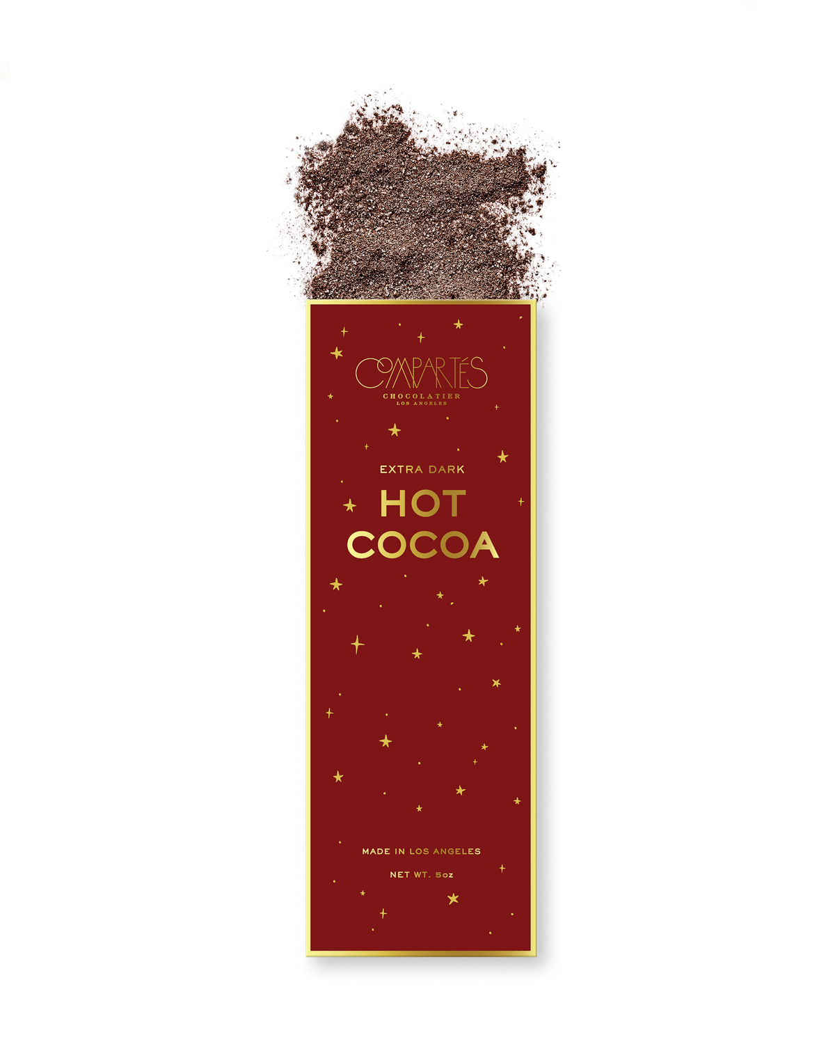 Compartes best extra dark hot cocoa mix, deep red and gold star box with cocoa powder, chocolate gift, black cocoa