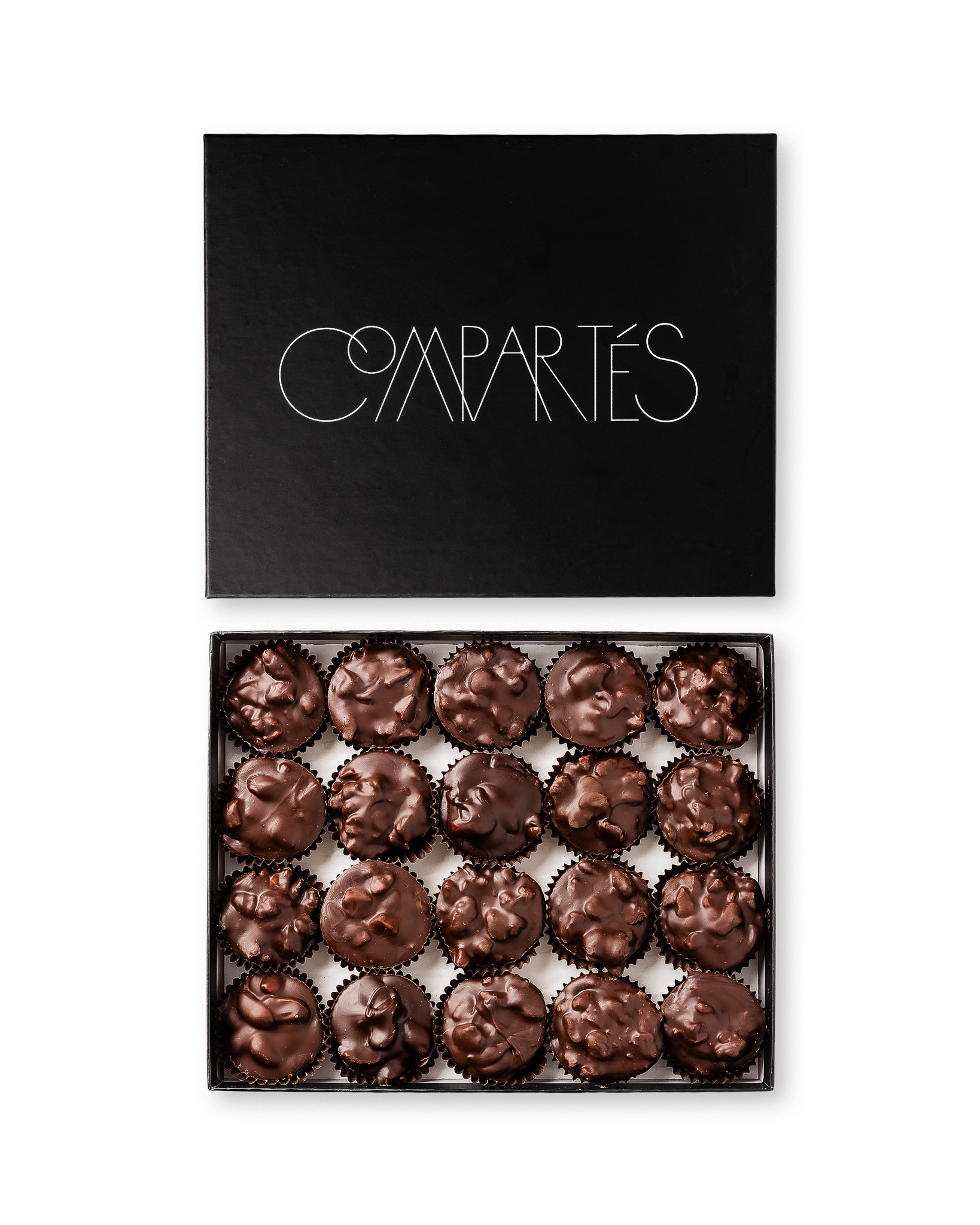Compartes best dark chocolate covered nuts, dark chocolate nut clusters in a black gift box