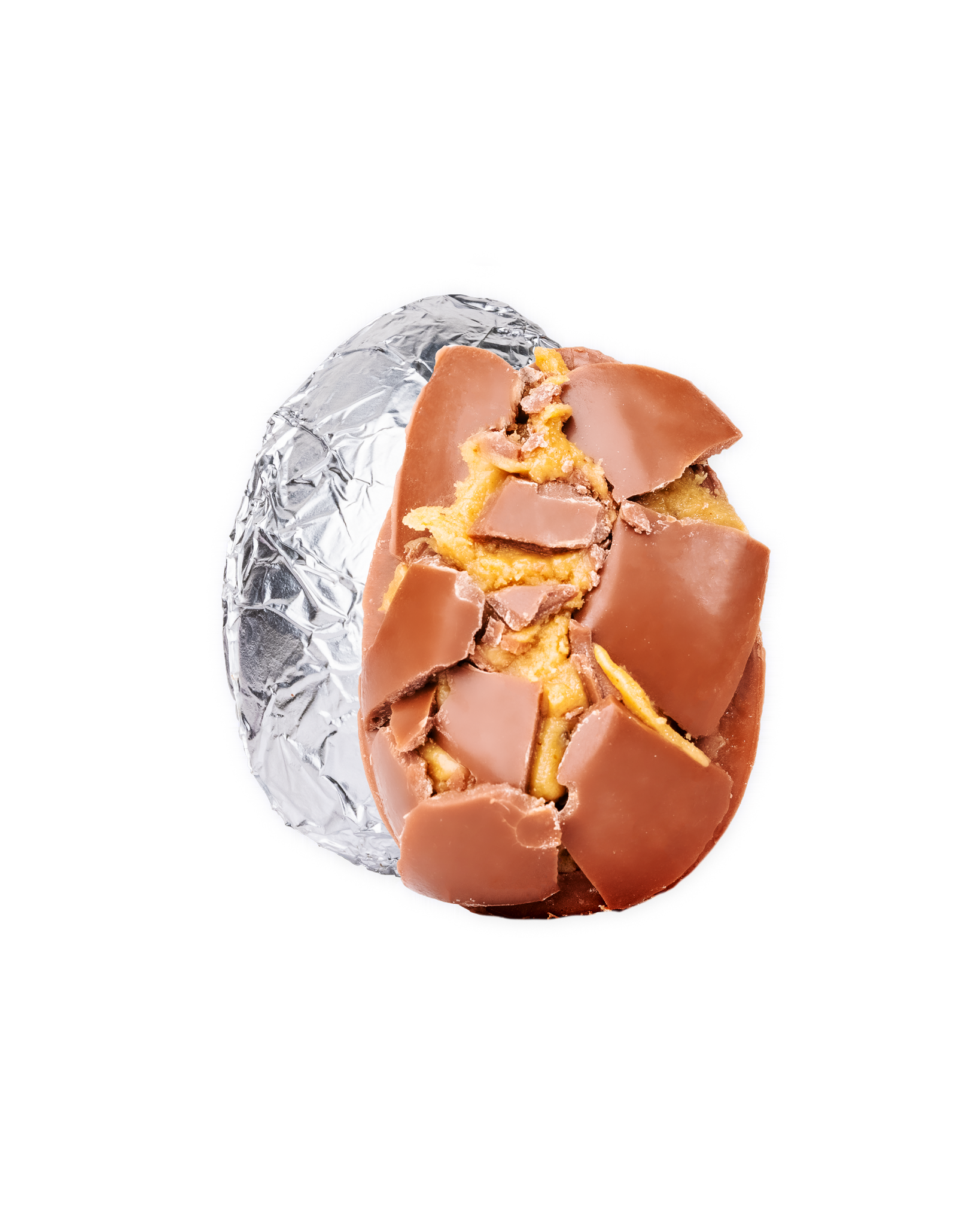 Compartes best milk chocolate peanut butter Easter egg in silver foil, opened to show the filling, chocolate gift, honey