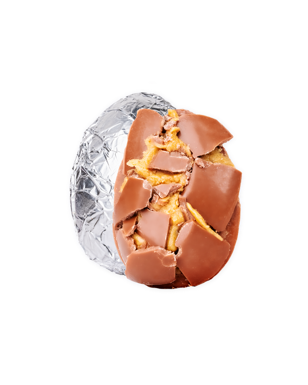 Compartes best milk chocolate peanut butter Easter egg in silver foil, opened to show the filling, chocolate gift, honey