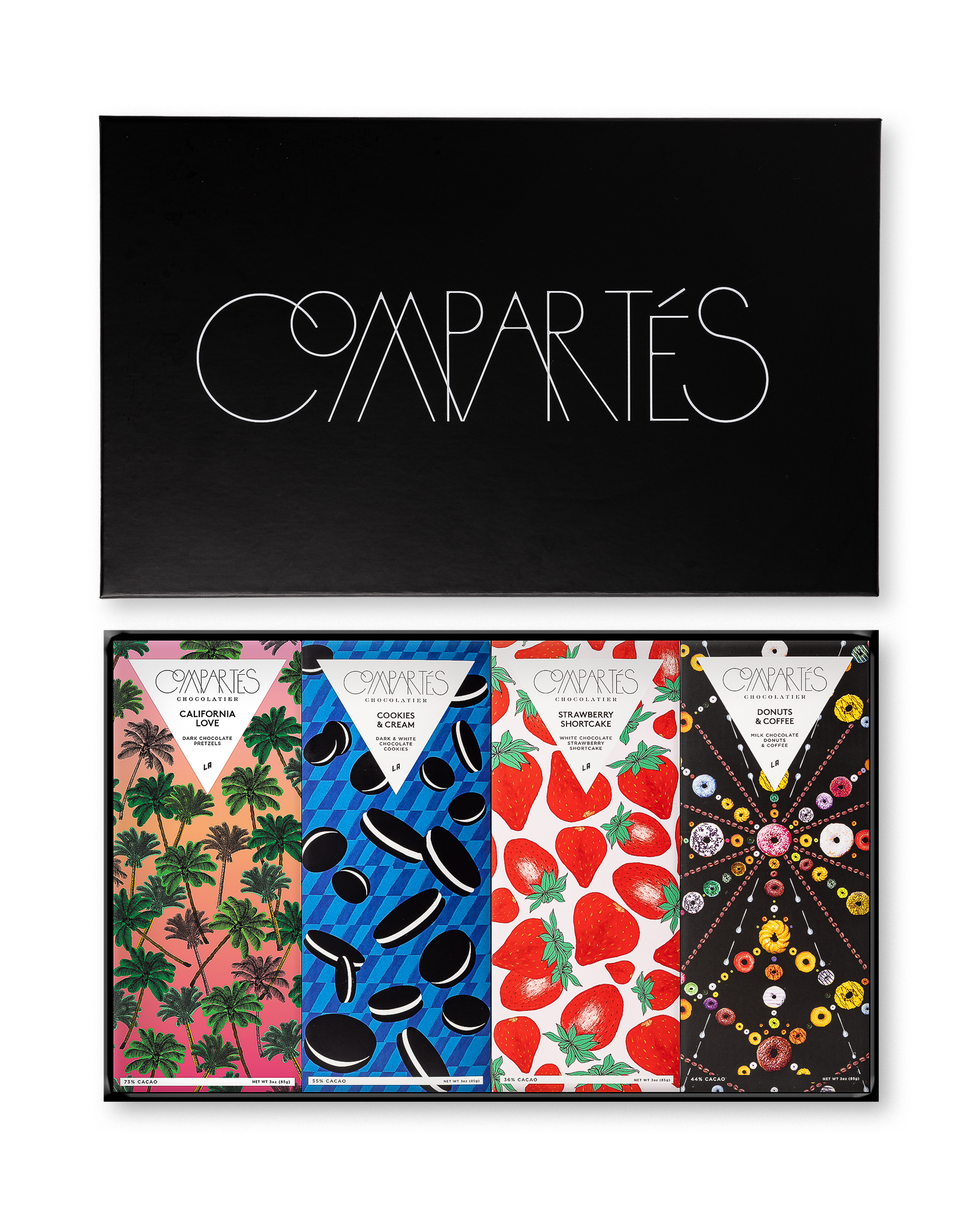 Compartes best selling chocolate bars gift set, bars with palm, cookie and strawberry wrapper art, sandwich cookie and donut