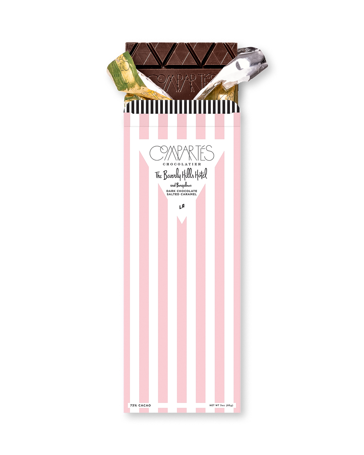 Compartes best Beverly Hills Hotel salted caramel dark chocolate bar, pink striped wrapper, chocolate gift
