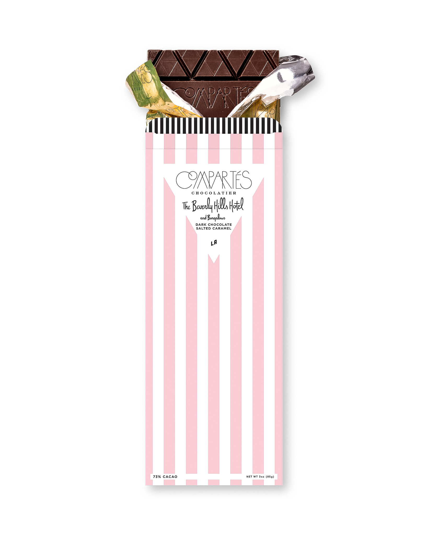 Compartes best Beverly Hills Hotel salted caramel dark chocolate bar, pink striped wrapper, chocolate gift
