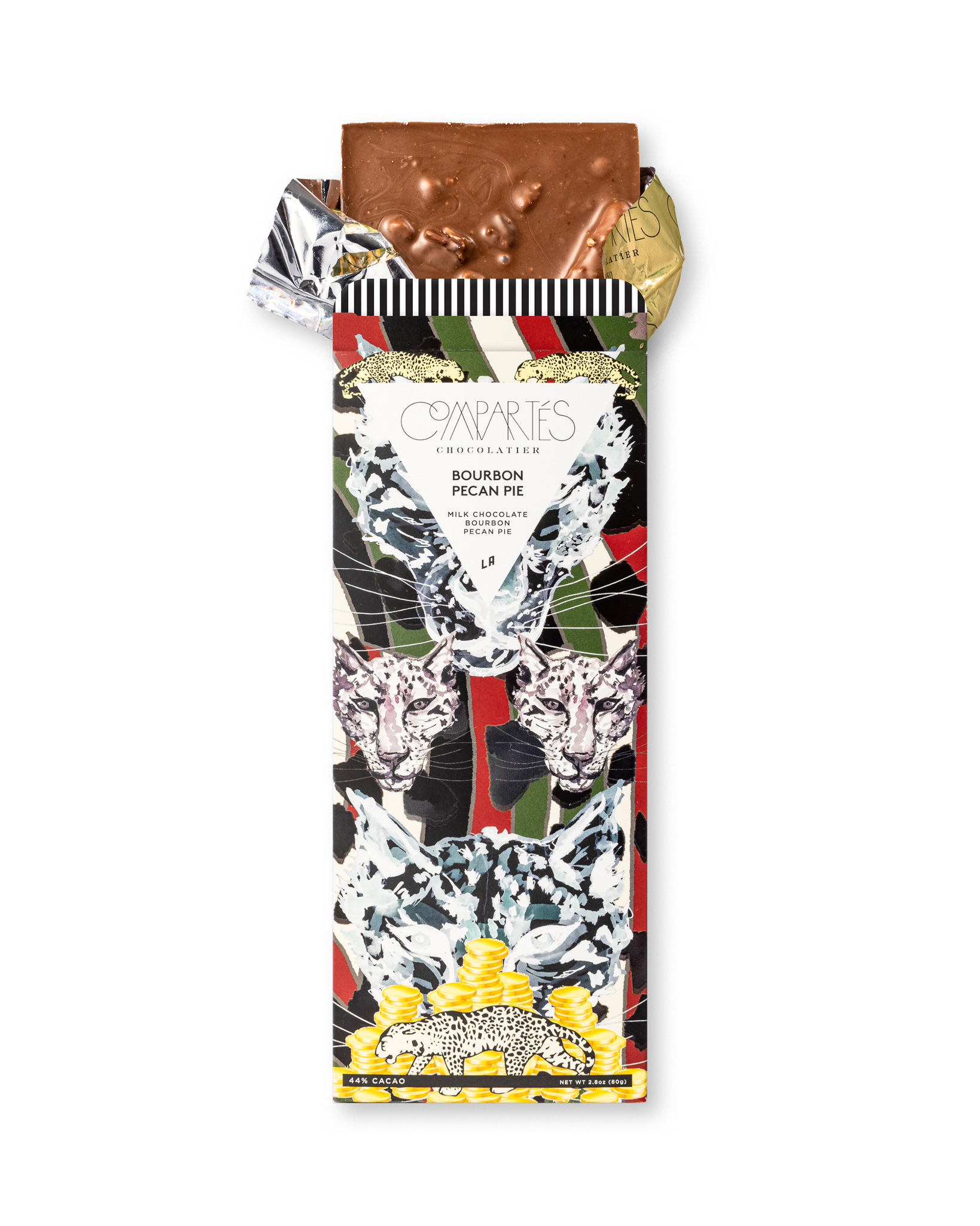Compartes best bourbon pecan pie chocolate gift bar, leopard wrapper in deep red and green, milk chocolate