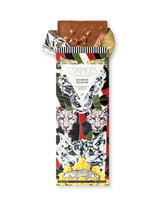 Compartes best bourbon pecan pie chocolate gift bar, leopard wrapper in deep red and green, milk chocolate