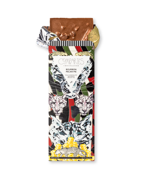 Compartes best bourbon pecan pie chocolate gift bar, leopard wrapper in deep red and green, milk chocolate