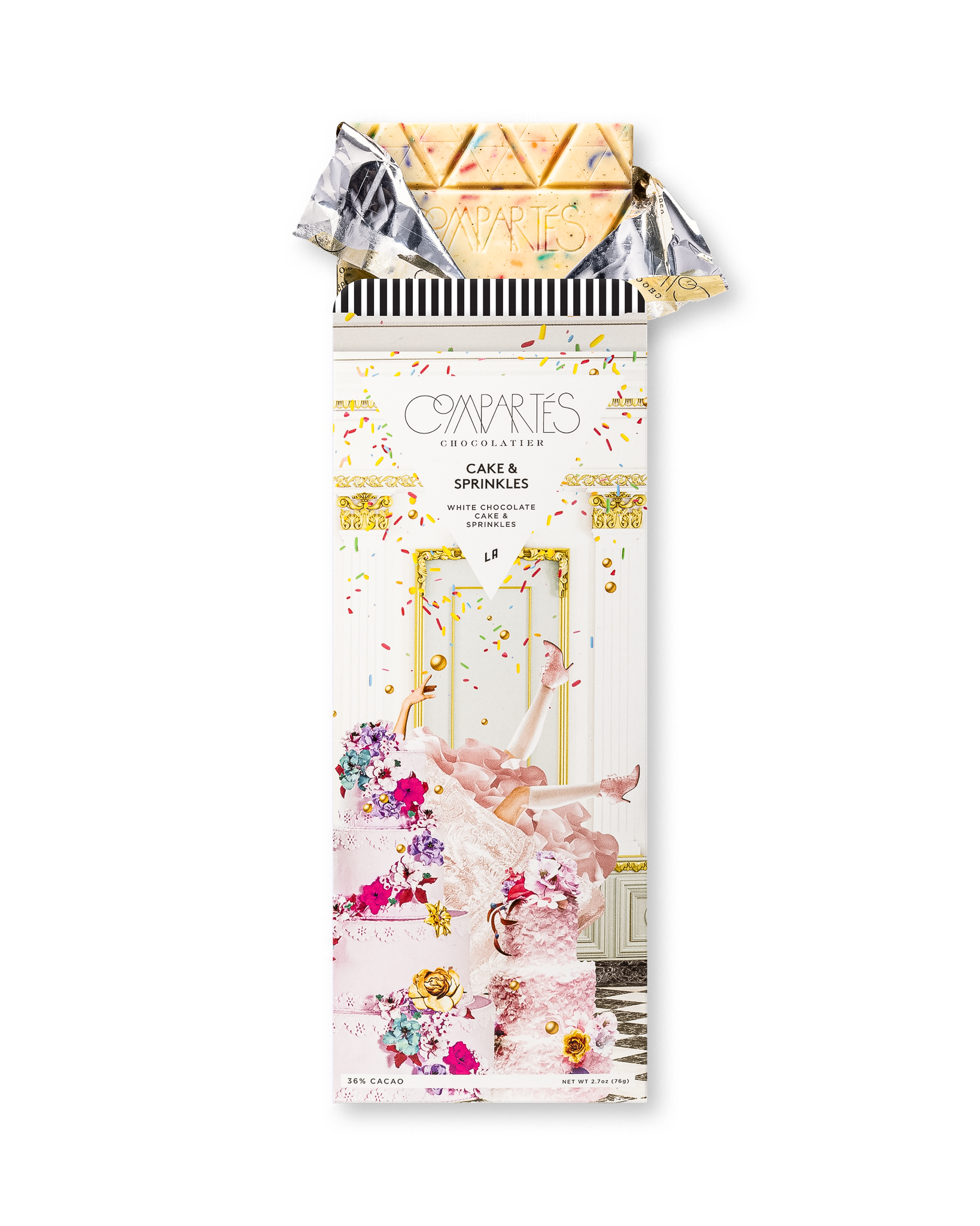 Compartes gourmet cake and sprinkles chocolate bar, white chocolate in a pink cake wrapper, chocolate gift, vanilla