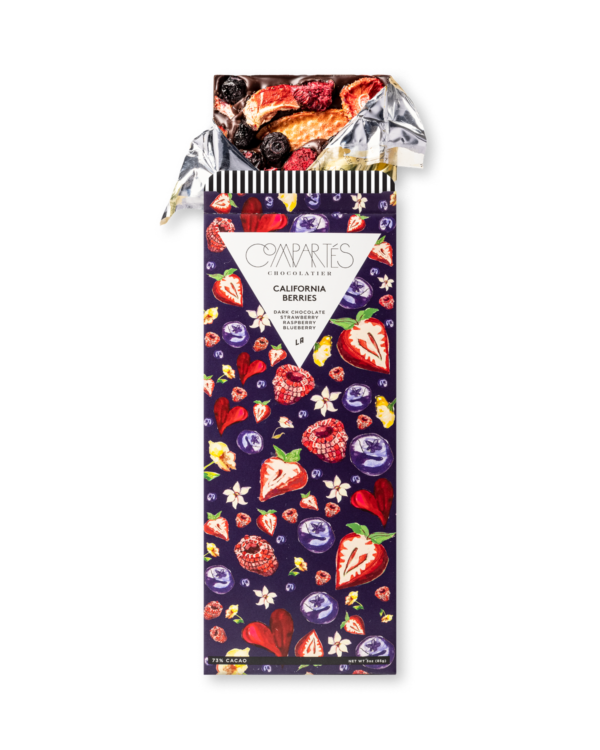 Compartes best chocolate gift bar, dark chocolate with berries in a deep purple berry wrapper