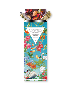 Compartes best chocolate gift bar, dark chocolate with fruit and nuts in a blue garden wrapper, dried fruit