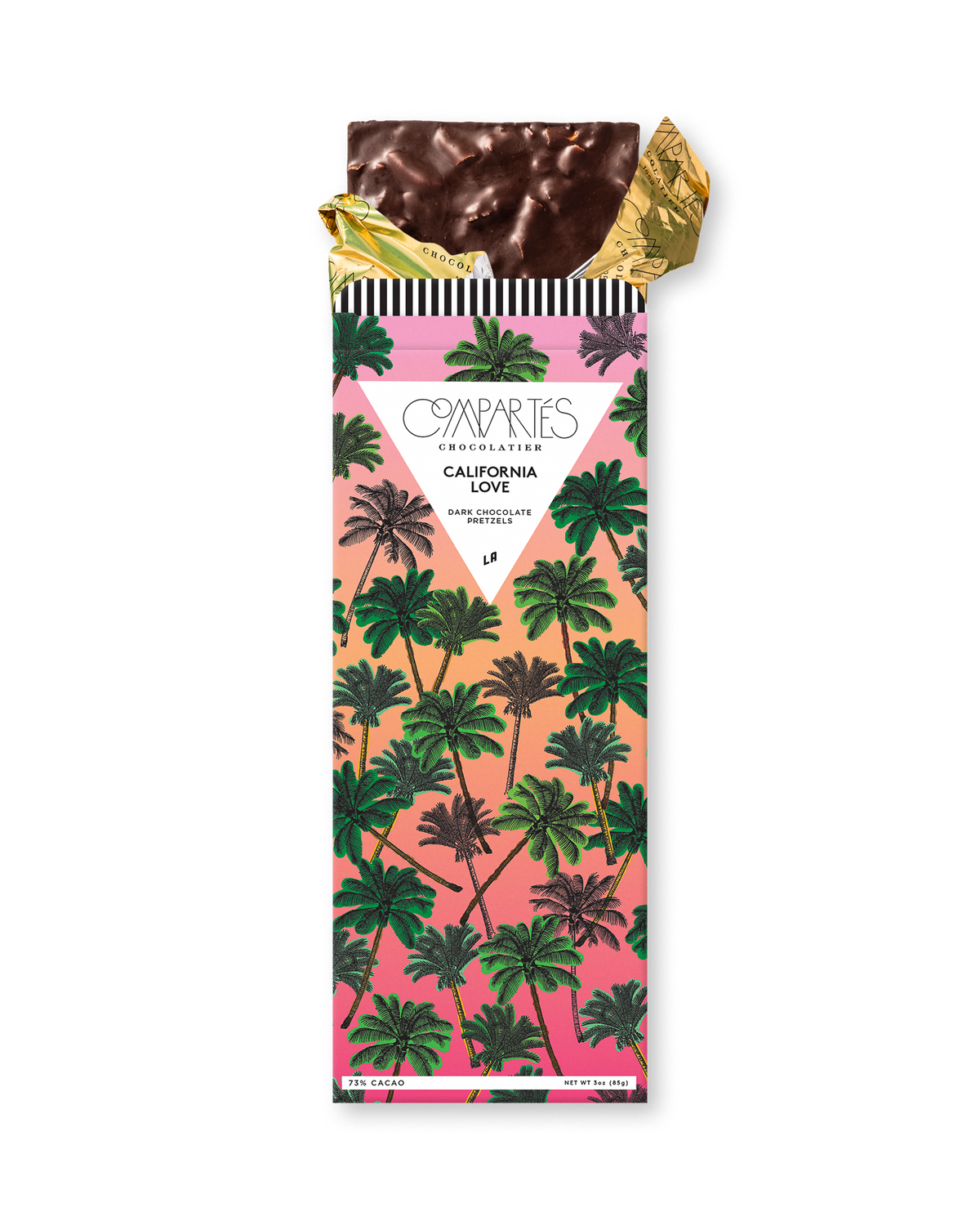 Compartes best chocolate gift bar, dark chocolate pretzel in a pink and green palm tree wrapper, sourdough and sea salt