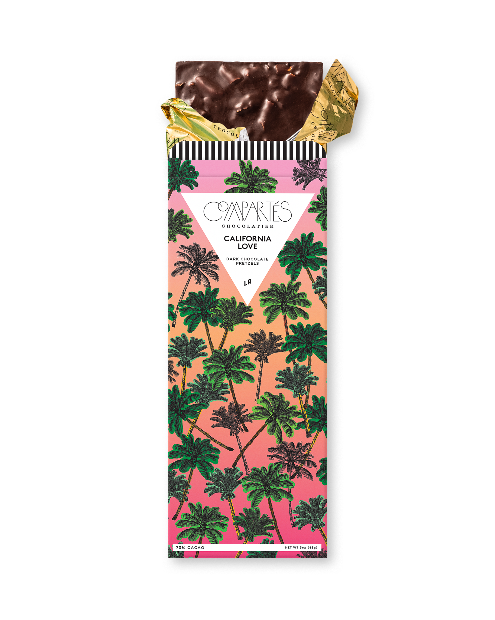 Compartes best chocolate gift bar, dark chocolate pretzel in a pink and green palm tree wrapper, sourdough and sea salt