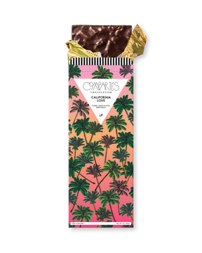 Compartes best chocolate gift bar, dark chocolate pretzel in a pink and green palm tree wrapper, sourdough and sea salt