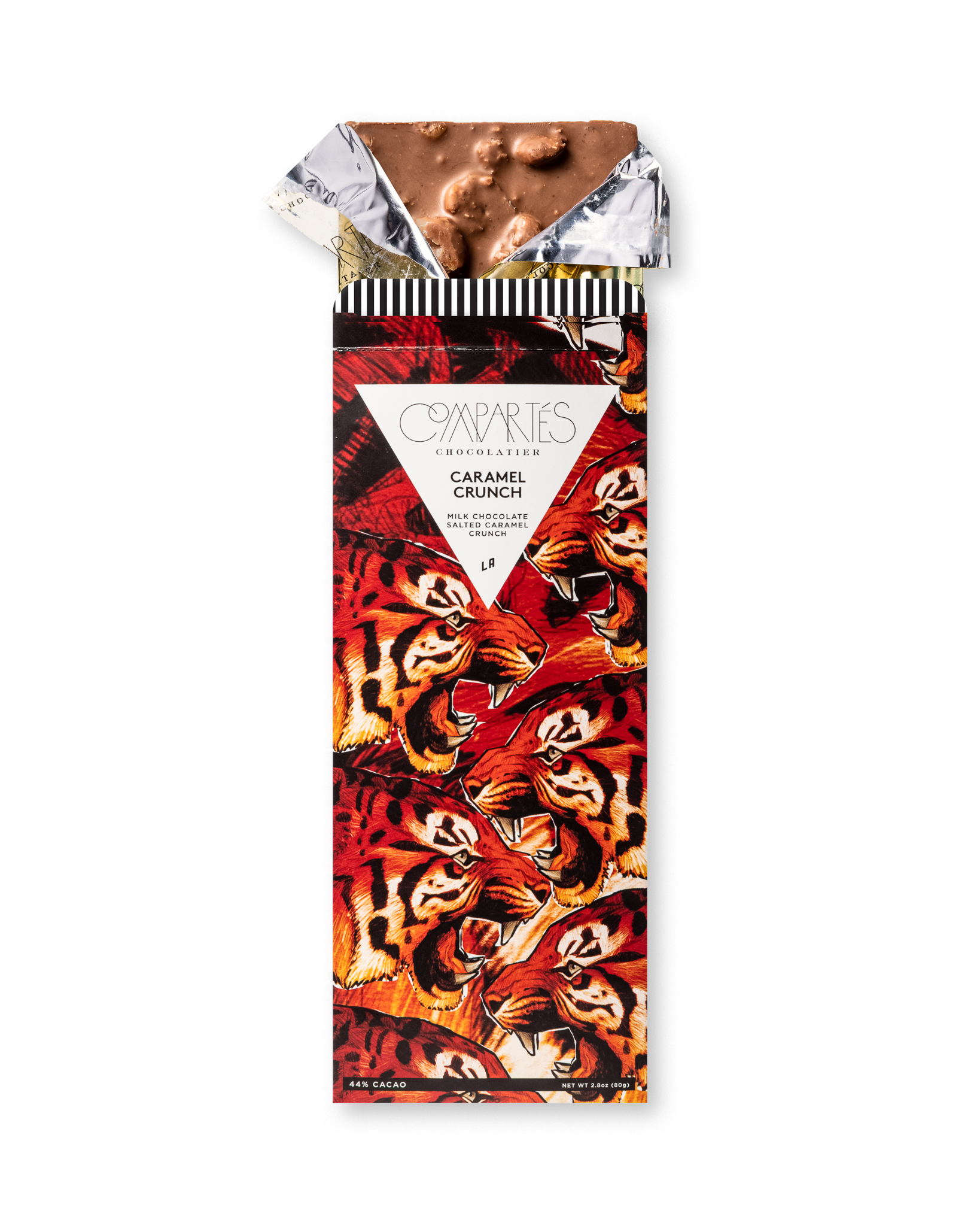 Compartes best chocolate gift bar, salted caramel crunch milk chocolate in a deep red tiger wrapper, sea salt